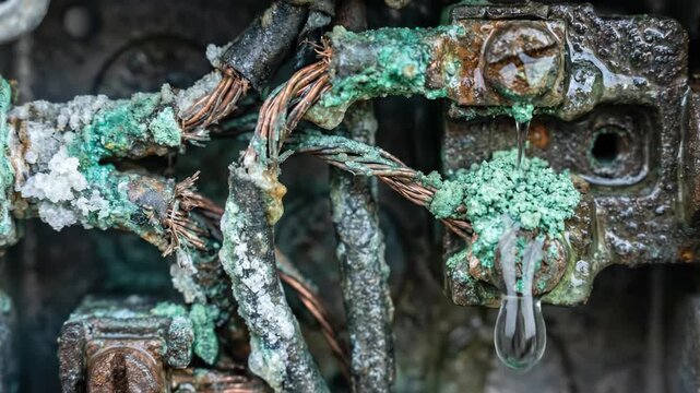 Corroded electrical wires with verdigris and water dripping, showing damage and potential fire hazard from moisture exposure