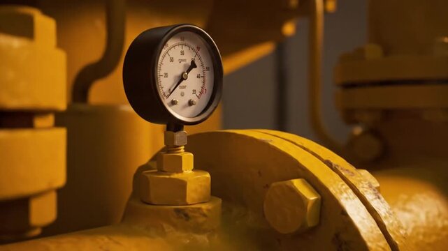 Cinematic macro shot of heavy duty industrial machinery components detailed metal pipes valves connectors and tightened bolts camera slow push in along structured pipe assembly yellow painted steel bo
