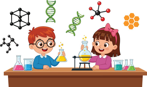 Cute Little Children Doing Science Experiments in Laboratory, Kids Learning Chemistry with Beakers and DNA Models Flat Vector Illustration.