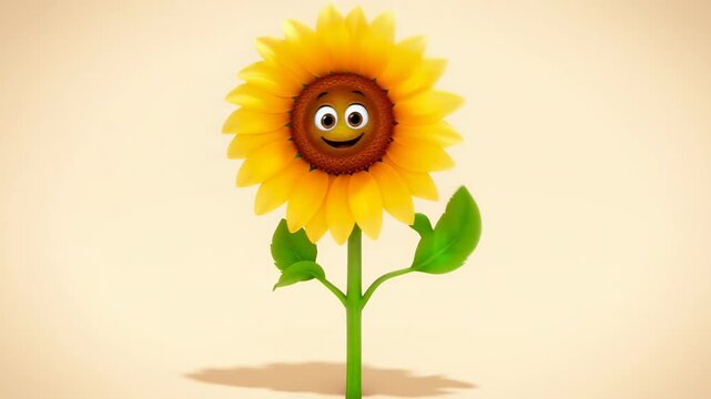 Smiling cartoon sunflower character animation for educational content and cheerful designs on a beige background