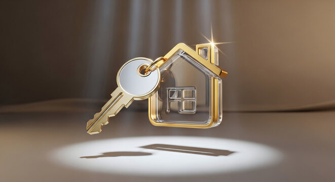 Elegant gold key and house keychain on a reflective surface