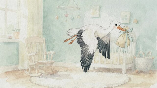 Gentle watercolorstyle baby card in clear view showcasing a sweet stork carrying a bundle set against an artfully blurred nursery scene.