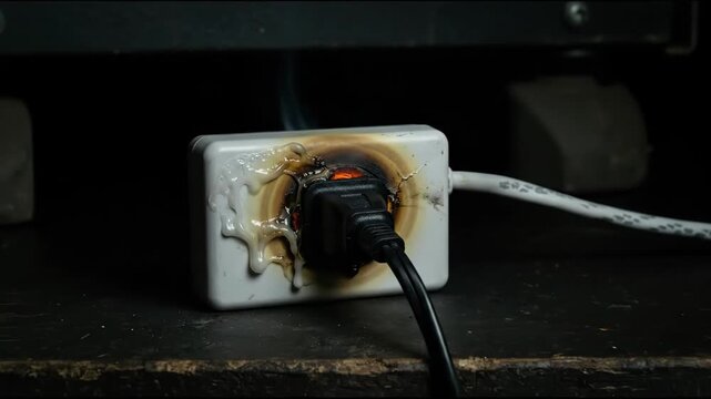 An electrical power strip catching fire from an overloaded plug, depicting a dangerous electrical hazard and fire safety concept.
