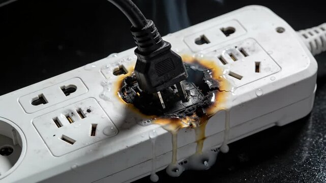 Power strip with an electrical short circuit on fire and smoke. Danger of home appliance overload and electrical safety incident.