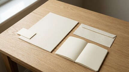 Fototapeta premium Minimalist branding stationery mockup set with notebook and envelope on wooden table
