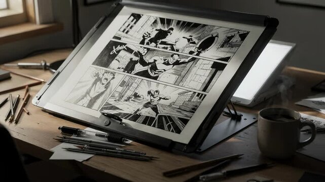 Focused medium shot of a superhero comic artists desk showing a dynamic inked panel on a drawing board surrounded by outoffocus pencils lightbox and coffee cup.