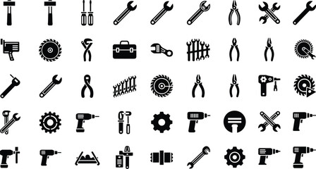 Obraz premium Hand tool and power tool silhouette icon collection with hammer, drill, saw, wrench, pliers, toolbox concept, construction vector design