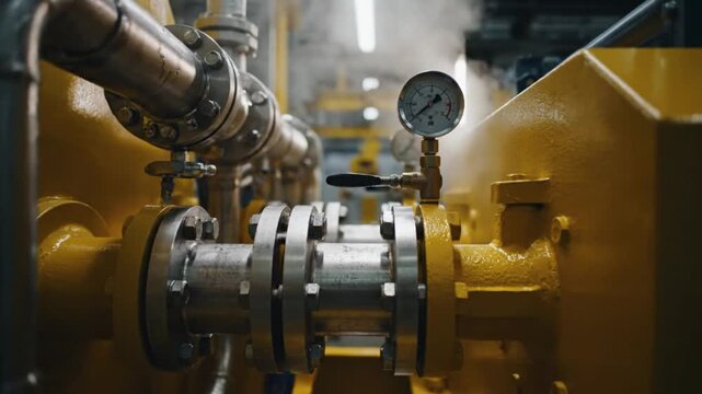 Ultra detailed cinematic close up of active industrial machine components featuring reinforced pipes precision bolts metal joints and moving pressure gauge camera gliding smoothly along mechanical str