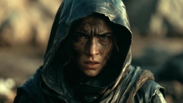 Hooded weary person portrait in gritty cinematic style on blurred rocky background, concept of survival and resilience