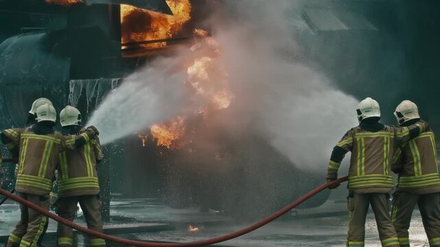 Firefighters bravely battle a raging inferno with powerful water streams