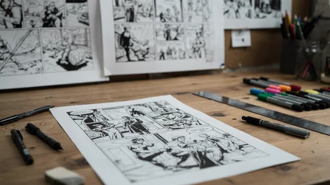 Medium shot of an indie comic creators table highlighting a single inked page in sharp detail while background layers of pinned storyboards and colored pencils subtly fade.