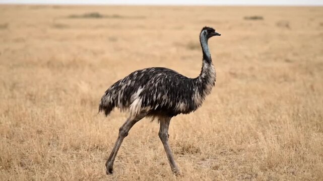 Large Australian emu bird with shaggy dark plumage walking across a dry grassy savanna under a pale sky.