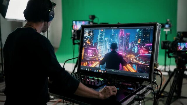 Medium shot of a film crew member adjusting green screen keying on monitor with vibrant cityscape background showing realtime compositing preview in dynamic studio environment.