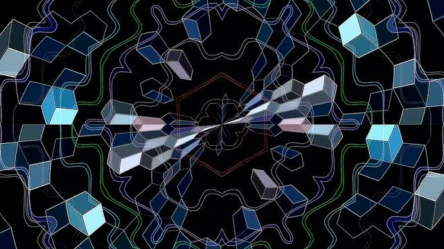 Symmetrical kaleidoscope motif with blue diamond shapes forming a glowing geometric pattern on a black background.