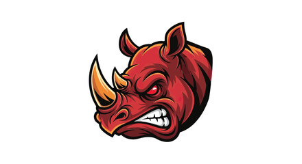 Fierce cartoon rhino head with red fur, eye, and teeth. Horn is orange. All on white background © STwul