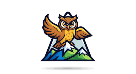 Obraz premium A stylized owl with spread wings, perched on snowy mountain peaks, simple logo style