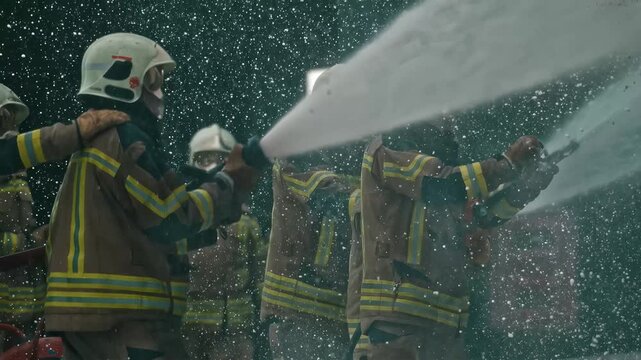 Firefighters in protective gear bravely battle a blaze, spraying water to extinguish flames