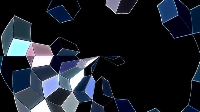 Symmetrical kaleidoscope motif with blue diamond shapes forming a glowing geometric pattern on a black background.