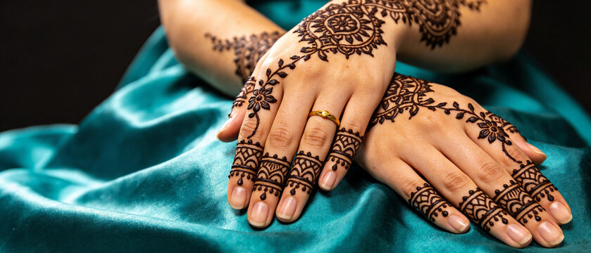 Woman hands with intricate henna art for celebration. Traditional temporary tattoo design. Eid al-Adha and Ramadan holiday.