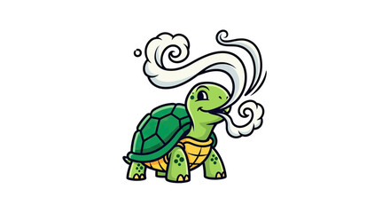 Obraz premium Cartoon turtle exhales white puffs, smiling, green shell and body, on a white background