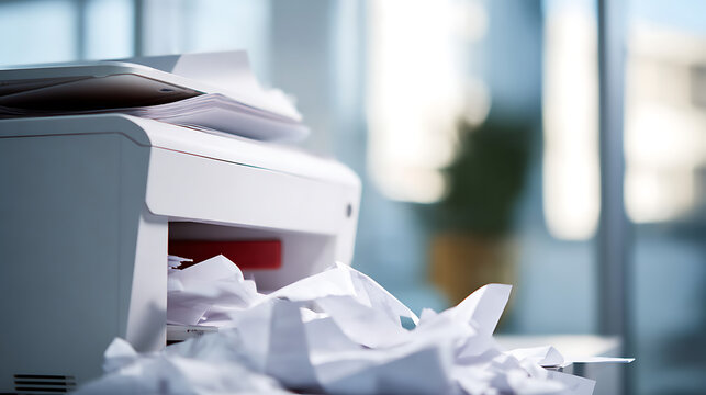 Close-up of a paper jam inside a modern office printer, with crumpled sheets of paper spilling out, highlighting common workplace frustrations