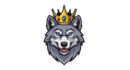 Headshot of a grey wolf with a golden crown, adorned with jewels, on white © STwul