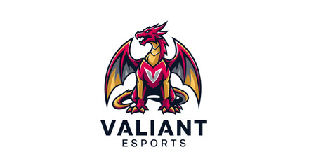 Obraz premium A fierce red, yellow, and black dragon mascot in a front-facing pose, logo design