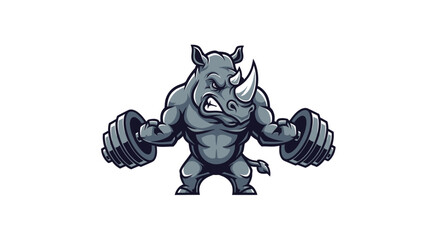 Vector illustration of a muscular rhino lifting dumbbells, aggressive pose, cartoon style © STwul