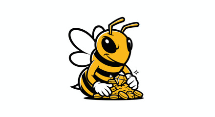 Cartoon bee with coins and a diamond, holding a treasure on a white background