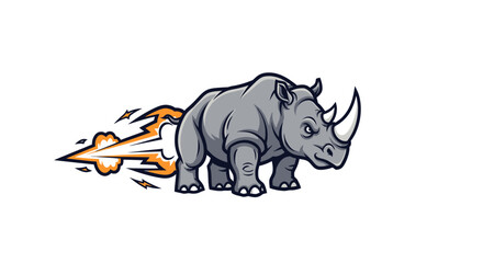 A stylized grey rhino blasts off with orange exhaust against white © STwul