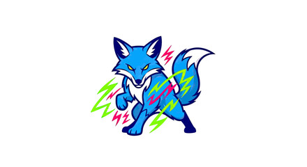 Obraz premium A vibrant blue fox mascot with yellow eyes and a white chest, surrounded by lightning