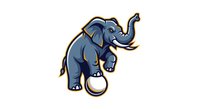 A stylized cartoon elephant balancing a ball. It is shown against a plain white background