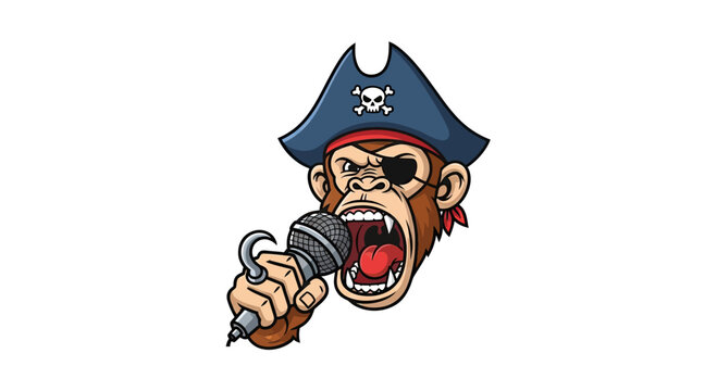 A cartoon chimpanzee wearing a pirate hat and eyepatch, screaming into a microphone