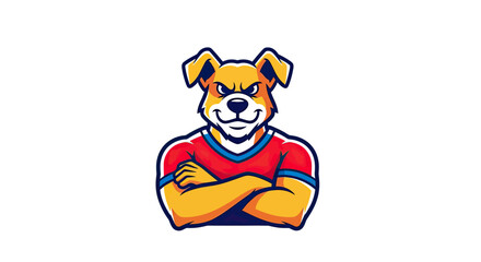 A stylized illustration of a dog character with crossed arms, wearing a jersey