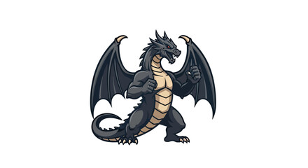 A stylized dragon with dark gray scales, large wings, and red eyes stands in a ready pose © STwul