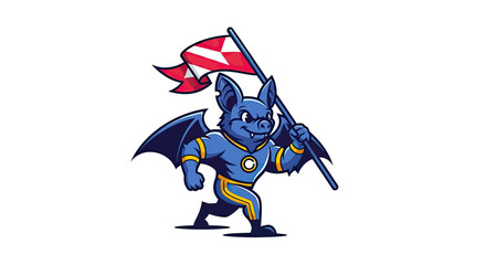 Naklejka premium A cartoon bat mascot charges forward with a flag, wearing athletic gear and a happy expression