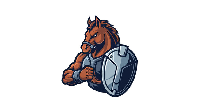 A muscular horse, armored and ready for battle, holds a shield. Depicted in a cartoon style