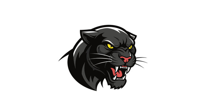 A fierce black cat head with open mouth, showing teeth. Yellow eyes, red tongue. White background