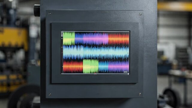 Medium shot of a sensorized press maintenance panel with screen displaying realtime vibration data in alert mode main object sharp and background softly blurred.