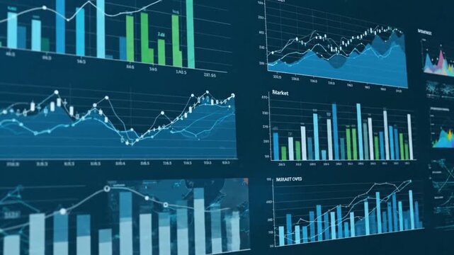 Dynamic digital interface displaying a comprehensive array of intricate blue financial charts, data graphs, and analytical market trends for business intelligence.