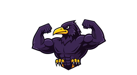 Fototapeta premium A muscular raven flexing its biceps, with a stern face. Solid color, isolated on white