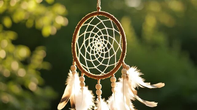 Closeup of a traditional Native American dreamcatcher with feathers and beads hanging outdoors in soft natural light with blurred green foliage background.