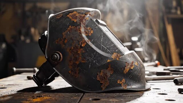Damaged welding mask on fiery workshop background