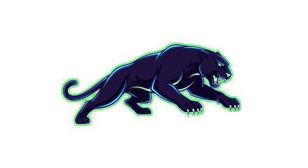 Obraz premium Vector illustration of a black panther, in attacking pose with green outline, isolated on white