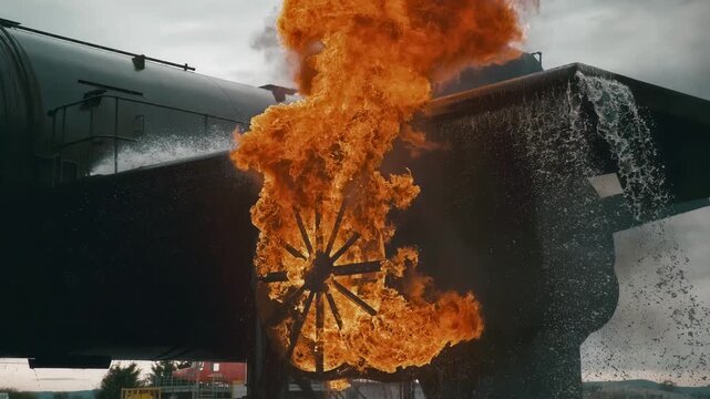 Intense fire erupts from a large industrial tank with water spraying down the side