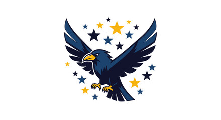 Fototapeta premium A stylized blue bird with spread wings, surrounded by stars in navy and yellow hues