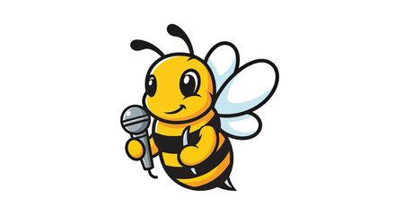 Fototapeta premium Cartoon bee holds a microphone, smiling with wings spread. Yellow, black, white, and gray colors used