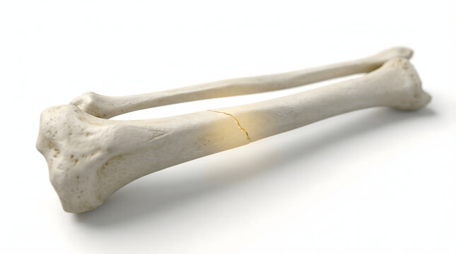realistic 3d rendering of a broken human tibia and fibula bone with a visible fracture crack isolated on a white background for medical healthcare orthopedic and anatomy education