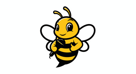 Cheerful, cartoon bee holding a microphone, with wings and antennae, on a white background