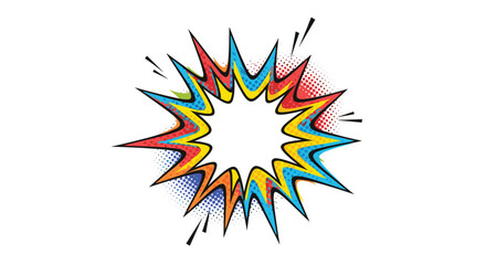 Obraz premium A vibrant multi-colored comic book style explosion or starburst graphic with jagged edges and halftone dots is centered on a pure white background.